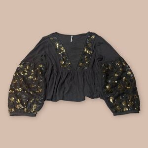 Anthropologie Neale Blouse Womens XL Black Pintuck Balloon Sleeve Sequins Peplum